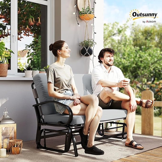 Outsunny Outdoor Glider Bench, 2-Person Patio Rocker Loveseat with Tufted Cushions, Steel Frame for Porch, Garden Backyard, Gray