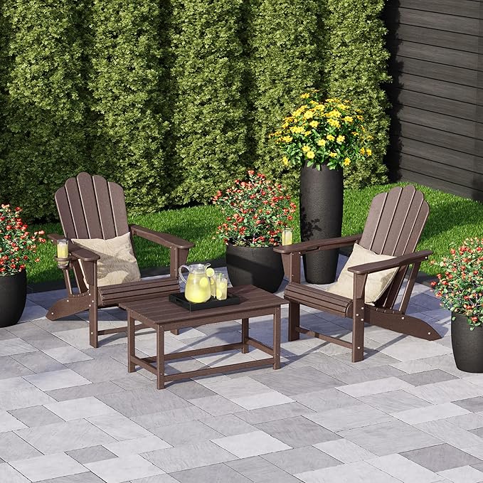 Costaelm Lakeview 3-Piece Adirondack Chairs with Cup Holders and Coffee Table Set, Dark Brown