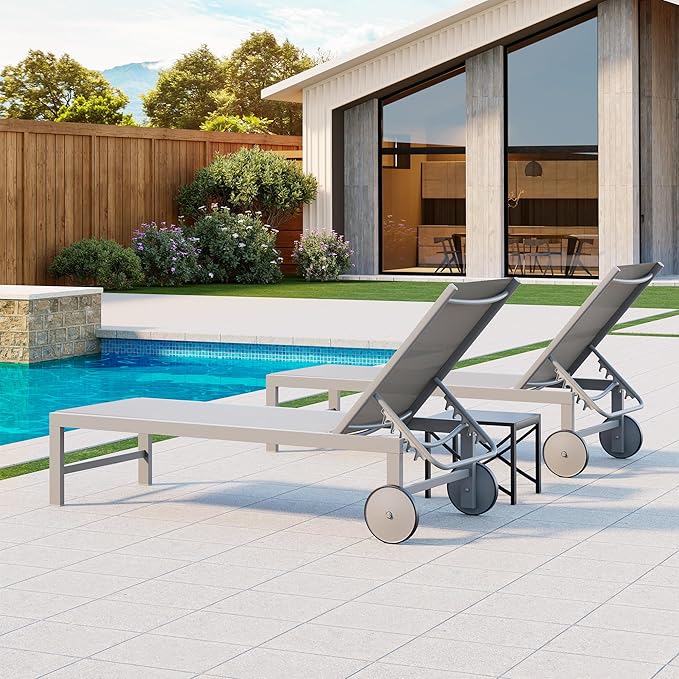 SUNLEI Patio Chaise Lounge Outdoor Set of 2, Pool Lounge Chairs for Outside w/5-Position Adjustable Backrest & All Weather, Tanning Recliner Chair for Pool Beach Deck (Beige, 4 Pieces)