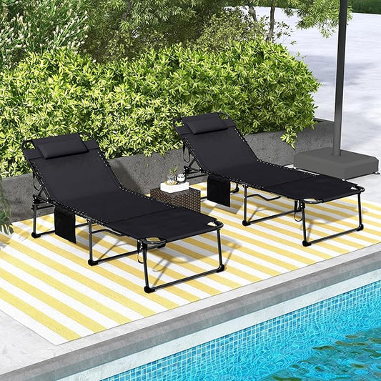 Outsunny 2 Piece Folding Chaise Lounge with 5-Level Reclining Back, Tanning Chair with Face Hole, Outdoor Lounge Chair with Side Pocket & Headrest for Beach, Yard, Patio, Black
