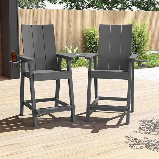Tall Adirondack Chair Set of 2, HDPE Balcony Chairs with Connecting Tray, Two Cup Holders, All-Weather Adirondack Bar Stools for Patio, Balcony, Backyard, Poolside, Grey