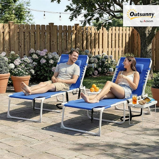 Outsunny Tanning Chair Set of 2 with Face Hole, Side Table, 5-Position Reclining Folding Chaise Lounge Chair Outdoor Lounger Recliner, Carry Straps for Beach Pool Camp, Breathable Mesh, Navy Blue