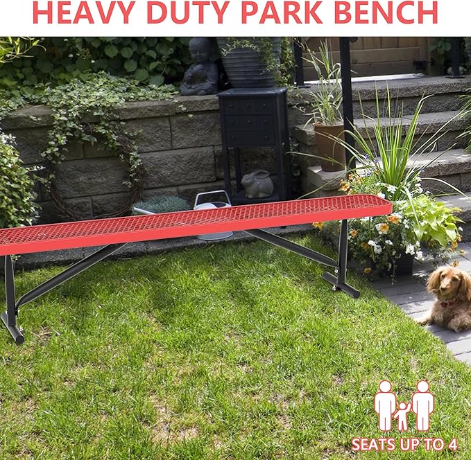 Park Benches for Outside, 8 ft Metal Porch Bench Furniture Patio Seating, Commercial Expanded Metal Mesh Bench for Outdoor, Lawn, Backyard, Park, Deck, Garden, Patio, School (Red, 8FT)