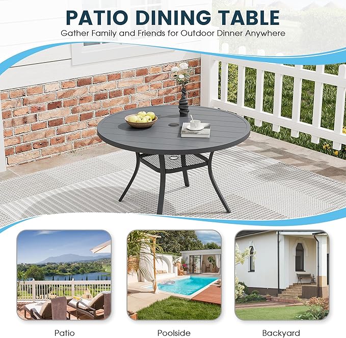 Patio Dining Table for 4, Round Metal Outdoor Table with Storage Shelf, 1.57" Umbrella Hole, 41" Outdoor Slat Tabletop Dining Table for Backyard, Porch, Lawn, Dark Grey
