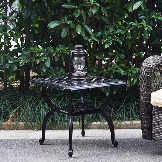 Mandolin Outdoor Patio,Rust -Resistant Cast Aluminum Side Table,Weather Resistant End Table,Coffee Table, Perfect for Patio, Backyard Or Garden. W 20.8" X H18.5(Aluminum Square, Black)