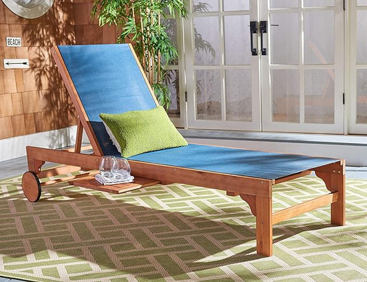 SAFAVIEH Outdoor Collection Ralden Natural Brown Solid Wood/Navy Fabric Adjustable Chaise Lounge Chair (PAT7070B)