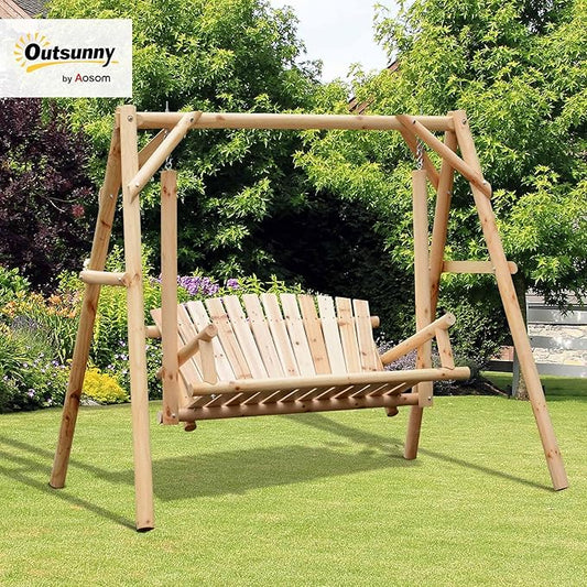 Outsunny 2-Seat Porch Swing with Stand, Wooden Patio Swing Chair Bench, for Garden, Poolside, Backyard, Natural