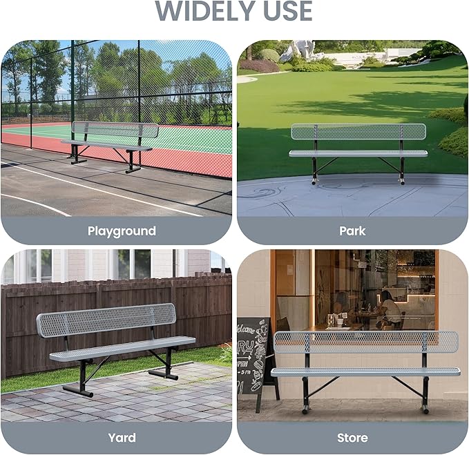 8 Feet Steel Park Bench for Outside, Outdoor Bench with Backrest & Portable Frame, Commercial Benches for Shopping Malls, Stores, Parks, Patios, Decks, Grey