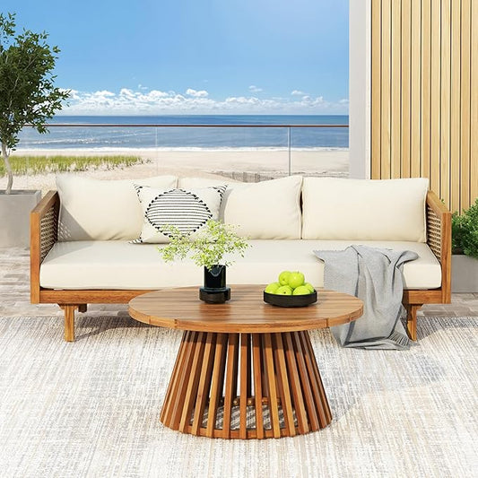 Merax Outdoor Acacia Wood Conversation Set - Patio 3-Seat Loveseat Sofa w/Coushion and Round Coffee Table for Backyard, Lawn, Balcony, Teak+Beige