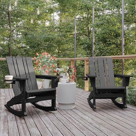 Flash Furniture Halifax Adirondack Rocking Chairs with Cup Holder, Weather Resistant Poly Resin Adirondack Rocking Chairs, Set of 2, Gray