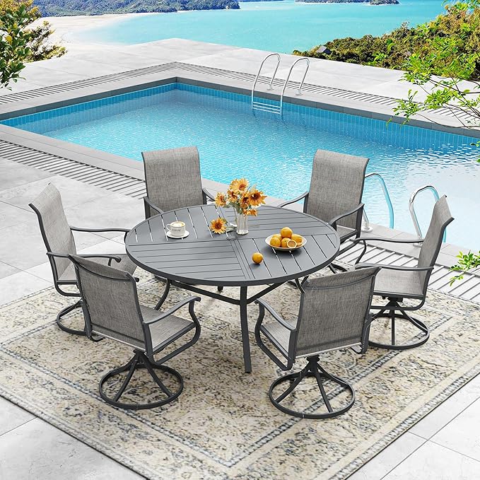 DIFY 50" Round Outdoor Patio Dining Table for 6, All-Weather Metal Steel Slatted Patio Table with 1.57" Adjustable Umbrella Hole, for Lawn Garden Porch Backyard, Grey