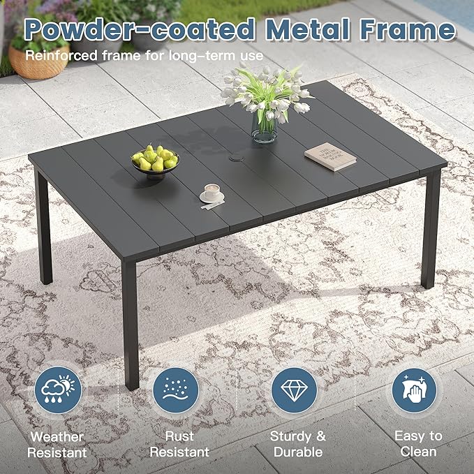 DIFY 63" Rectangle Outdoor Dining Table for 6, Slatted Metal Patio Table with Adjustable Umbrella Hole, All-Weather Patio Dining Table for Garden Backyard Deck, Black Tabletop