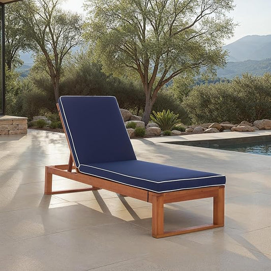 SAFAVIEH Outdoor Patio Furniture Collection - Sophie Natural Solid Wood Lounger with Navy Cushion & White Piping, Adjustable Backrest, Chaise Lounge Chair (PAT7101B)