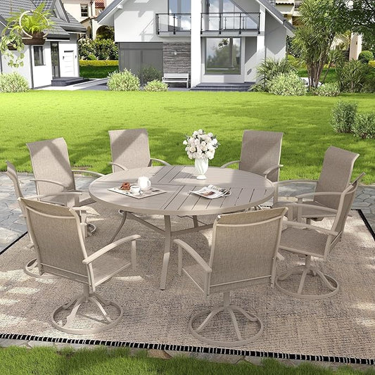 VICLLAX 63" Round Patio Dining Table for 8-10, All Weather Metal Outdoor Table with 1.57" Umbrella Hole and Surdy Frame for Garden Lawn Deck, Sandshell