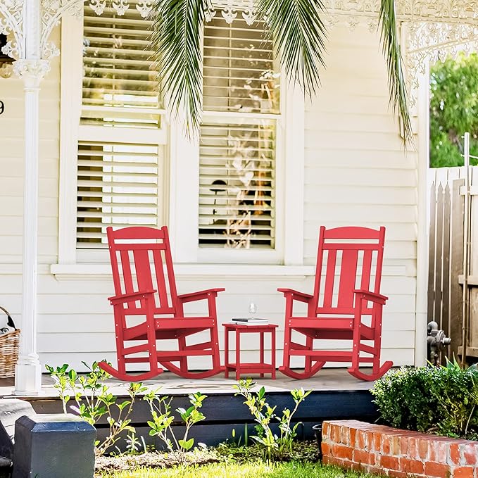 LUE BONA Rocking Chair Outdoor, Weather Resistant Poly Plastic Rocker Chairs, 350lb Heavy Duty, Oversized Porch Rocker for Adult, High Back Smooth Rocking Chairs for Outdoor & Indoor, Bright Red