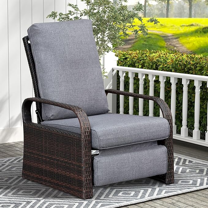 ATR ART TO REAL Outdoor Wicker Recliner Chair with 5.5'' Cushions, Automatic Adjustable Patio Chaise Lounge Chairs, Aluminum Frame Reclining Chair, UV Resistant, Rustless (Linen Gray)