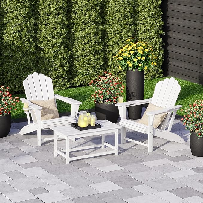 Costaelm Lakeview 3-Piece Adirondack Chairs with Cup Holders and Coffee Table Set, White