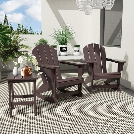 WO WESTIN OUTDOOR HDPE Laguna Outdoor Rocking Poly Adirondack Chair with Side Table 3-Piece Set, Dark Brown