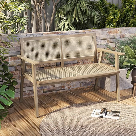 Tangkula Outdoor Teak Wood Garden Bench, 2-Person Patio Bench with Armrests, Rattan Backrest & Seat, Patio Garden Bench for Porch, Lawn, Balcony and Backyard, Natural
