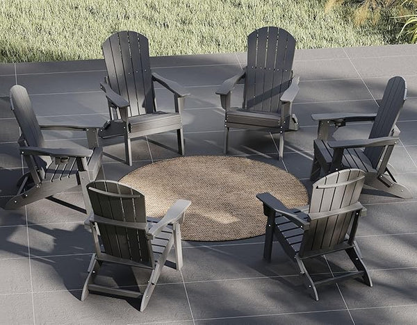 Plawdlik Folding Adirondack Chair Set of 6 with Cup Holder,Wooden Textured ,Heavy All-Weather HDPE Comfortable Set - Photo 1