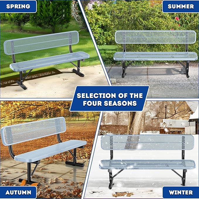 6Ft Heavy Duty Park Bench with Back Portable Frame, Outdoor Steel Bench with Backrest, Expanded Metal Mesh Bench for Lawn, Park, Deck, Garden, Patio, Porch, Grey