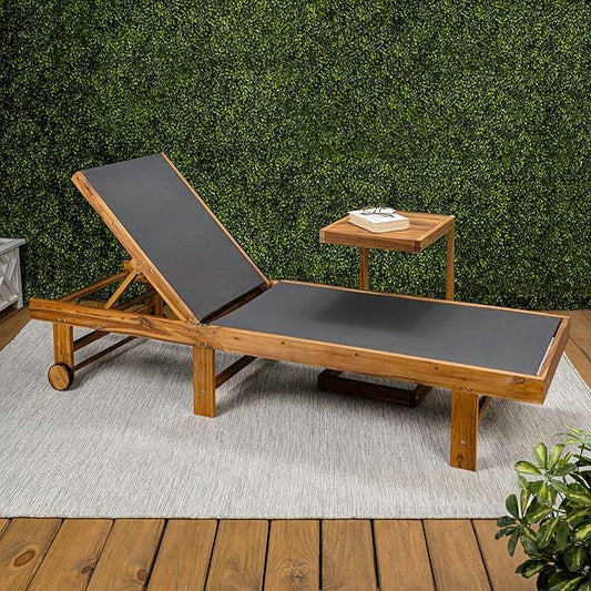 JONATHAN Y LNG1101A-2SET Trabuco Coastal Modern Acacia Wood Mesh 3-Position Outdoor Foldable Chaise Lounge Set with Side Table for Pool, Deck, Poolside, Dark Gray/Teak Brown