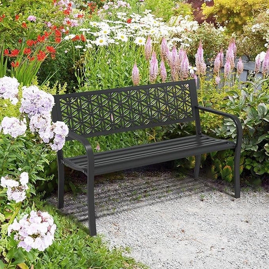 50" Outdoor Bench Metal with Floral Back, Garden Bench Front Porch Bench for Yard Patio Entryway Park Outside, 800lb Capacity - Black