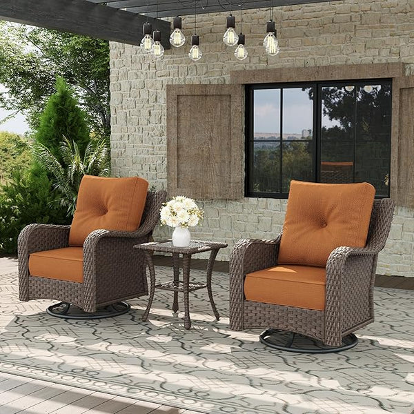 3 Piece Patio Furniture Set, All-Weather Wicker Outdoor Conversation Set with Swivel Rocking Chair and 6 Inch Thick - Photo 1