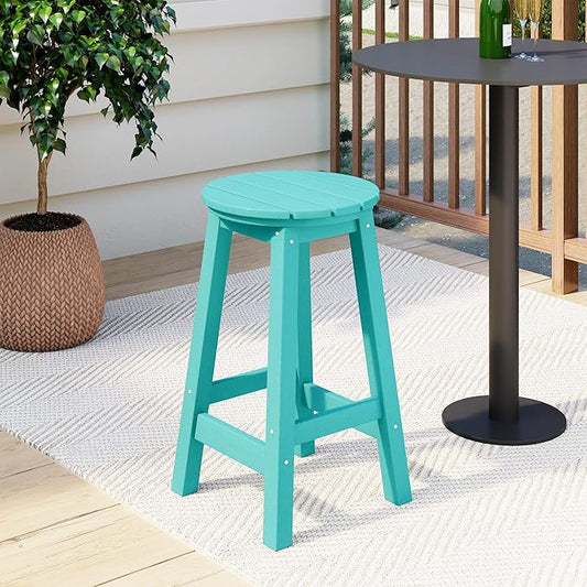 Costaelm 24" Height Outdoor Bar Stools, All-Weather Bar Stools, Adirondack Poly Patio Round Bar Stool for Patio, Deck, Kitchen Counter and Garden, Turquoise
