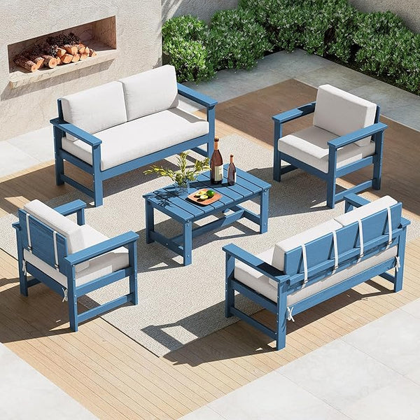 SERWALL 5 Pieces HDPE Outdoor Sofa Set with Cushions - Photo 1