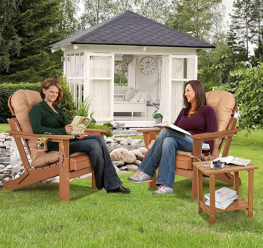 nalone Folding Adirondack Chairs Set of 2 with Cushion with Cup Holder, HDPE Plastic Oversized Patio Chair Weather Resistant, Used in Outdoor, Fire Pit, Deck, Garden, Campfire Chairs (Teak)