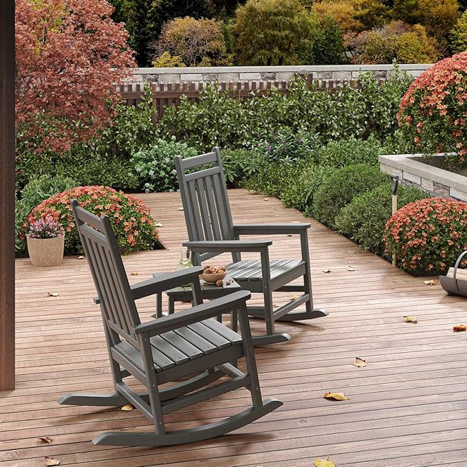 HDPE Rocking Chair Outdoor Set of 4 with 2 Side Table - Poly High Back Porch Rocker Chairs for Adults - All Weather Resistant Furniture for Patio Front Porch - Gray