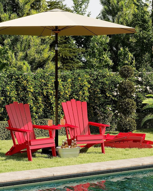 GREENVINES Folding-Adirondack-Chairs-Set-of-2 | HDPE Plastic | Throne Series | Fire Pit Chair | with Connecting Tray | Removable Table | All Weather | for Outdoor Patio Deck Poolside | Red