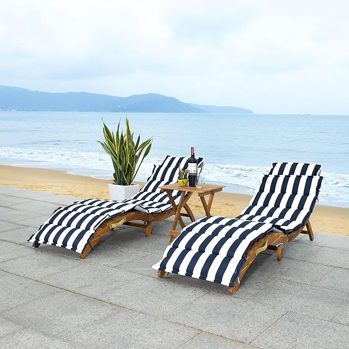 SAFAVIEH Outdoor Collection Pacifica Natural Brown Solid Wood/Navy & White Stripe Cushion 3-Piece Chaise Lounge Set with Table (PAT7020F)