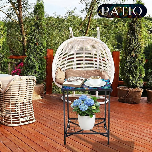 Outdoor Side Table 2-Tier Storage Square Small Mosaic Patio Accent Indoor End Plant Coffee Tea Table for Yard Patio Porch Garden Living Room, Bedroom(Turtle Style)