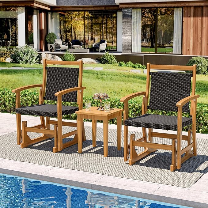 RELAX4LIFE Wooden Outdoor Glider Chair - Rattan Swing Gliding Rocker Armchair w/Acacia Wood Armrests, Wicker Back & Seat, Rocking Patio Chair for Porch Balcony Backyard Pool Garden (24'')