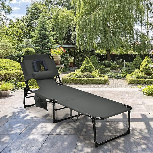 GYMAX Tanning Chair, Folding Beach Lounger with Face Arm Hole, Adjustable Backrest, Side Pocket, Pillow & Carry Handle, Outside Sunbathing Lounge Chair for Patio, Poolside, Lawn (1, Gray)