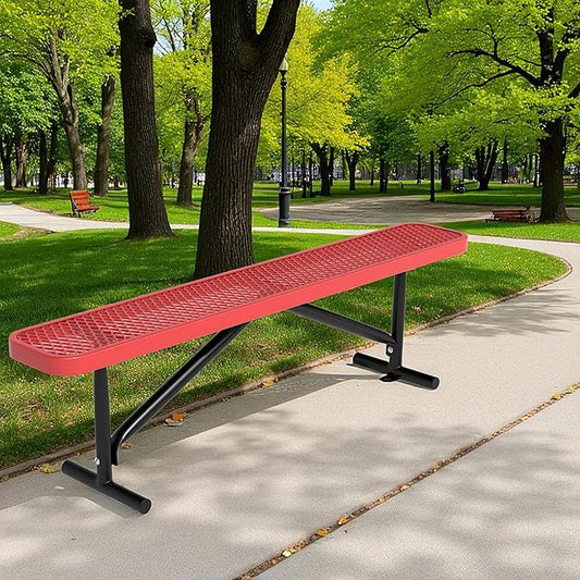 Outdoor Garden Benches, 6 ft Steel Picnic Bench Porch Chair Furniture Patio Seating, Commercial Expanded Metal Mesh Bench for Outside, Lawn, Backyard, Park, Deck, Garden, Patio, School (Red, 6FT)