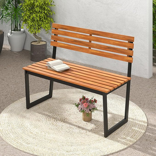 HOMGX Outdoor Bench, 43-Inch Acacia Wood Patio Loveseat with No-Arms Design, Sturdy Black Metal Frame & Teak Finish, Modern 2-Person Garden Bench for Porch, Yard and Lawn