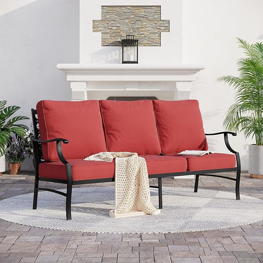 Metal Patio Furniture Sofa with 5.75" Extra Thick Waterproof Cushion, 3-Seater Deep Seat & High-Back Outdoor Couch All Weather Outdoor Seating for Backyard Deck Front Porch, Rust Red