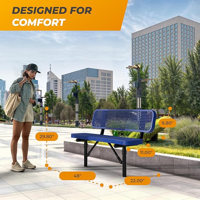 Heavy-Duty Outdoor Metal Bench, Thermoplastic-Coated, Inground, Weatherproof, Commercial-Grade for Parks, Gardens, Patios, Stores & More (4 Ft - Inground with Back, Blue)