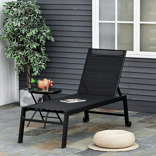 Outsunny Outdoor Chaise Lounge with Wheels, Five Position Recliner for Sunbathing, Suntanning, Steel Frame, Breathable Fabric for Beach, Yard, Patio, Black