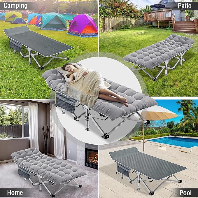 H&ZT Adults Patio Chaise with Mattress, Outdoors Portable Bed Frame for Adults