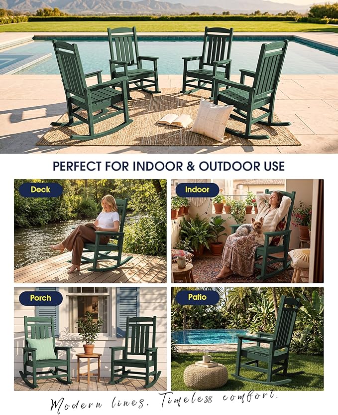 KINGYES HDPE Outdoor Rocking Chair, All-Weather Patio Rocking Chair, Weather Resistant Porch Rocker for Adults, Dark Green