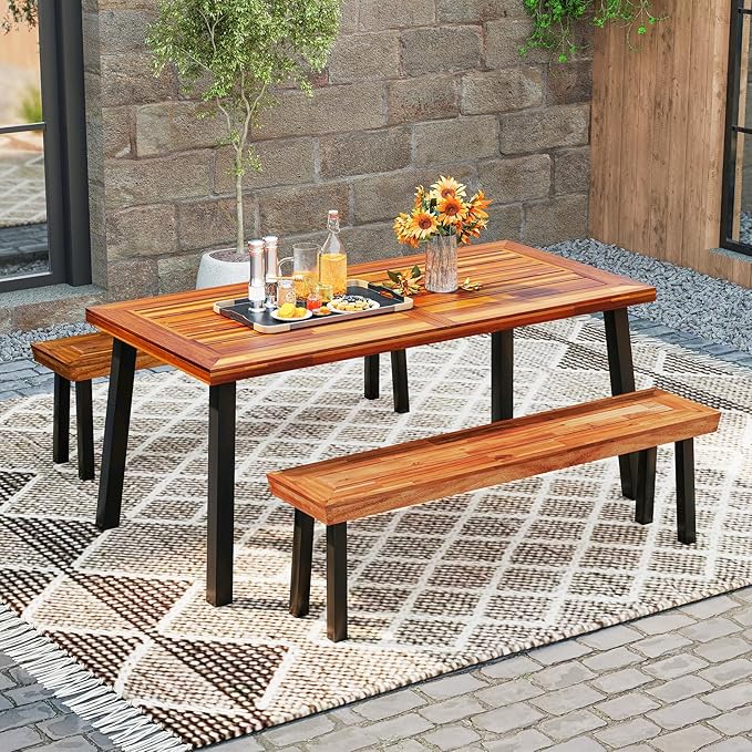 RELAX4LIFE 60’’ Outdoor Bench Acacia Wood - 2-3 Person Backless Patio Seat with Heavy Duty Metal Frame, Wooden Picnic Dining Garden Bench for Outside Backyard Park Porch, 800 LBS Weight Capacity (2)