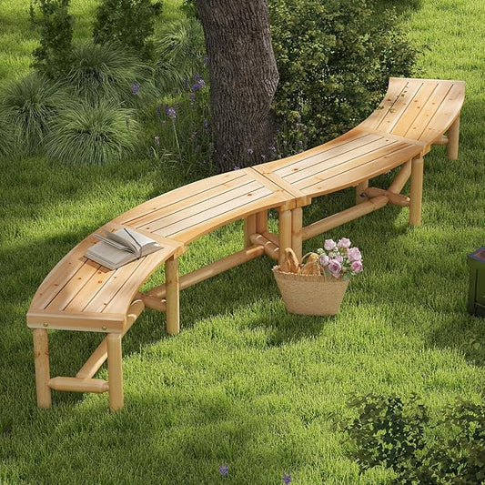 Tangkula Patio Curved Bench Set of 2, Solid Wood Fire Pit Bench for 2-3 People, Outdoor Backless Loveseat for Backyard, Garden, Poolside, 800 LBS Max Load (Natural)