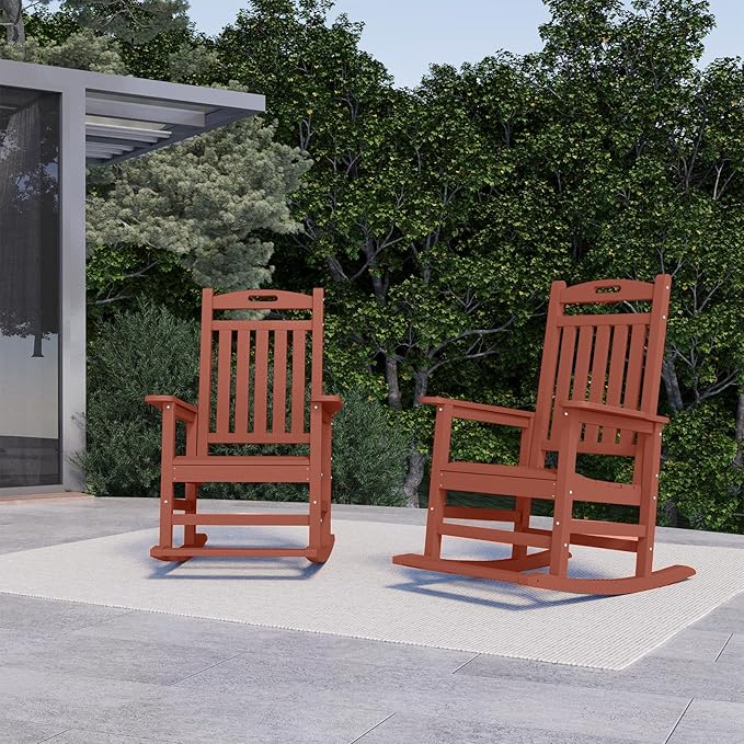 PLUUV Outdoor Rocking Chair, HDPE Patio Rocking Chairs with Footboard, All Weather Porch Rockers Outdoor for Adult, Effortless Installation, Light Red