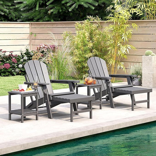 BRIOPAWS Adirondack-Chairs-with-Pull-Out-Footrest | Set of 2 | Folding | HDPE Plastic | Fire Pit Chair | All Weather | Cup Holders | Curved Back | Retractable Ottoman | for Poolside Deck | Grey
