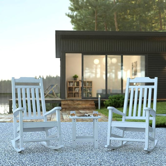 Flash Furniture Winston Set of 2 Rocking Chairs with Side Table - White Poly Resin - Weather Resistant