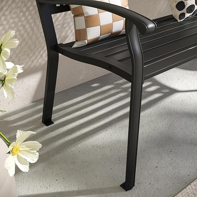 VICLLAX 50” Outdoor Garden Bench with Armrests and Backrest, Waterproof Patio Metal Bench for Park, Porch, Backyard, Square Pattern Back